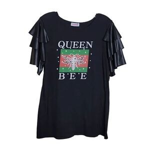 Madrag Queen Bee Faux Leather Ruffle Sleeve Embellished Graphic Knit Top